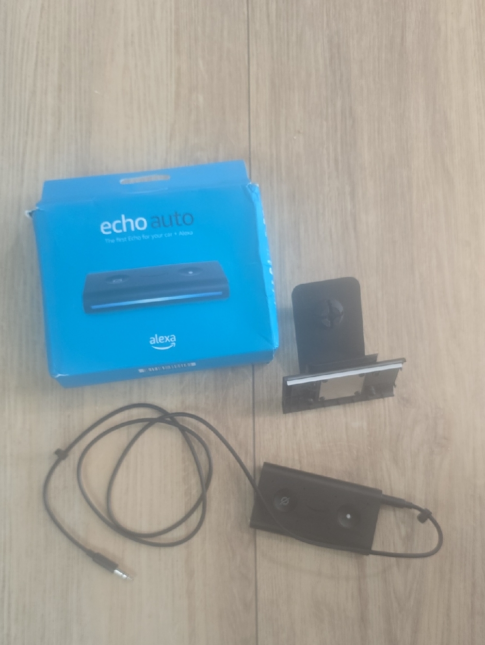 Amazon Echo Auto with Blue Retail Box and Black Accessories